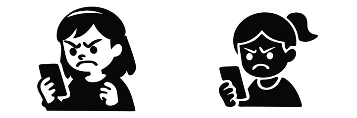 Icon set of an angry woman looking at her smartphone, representing concepts of cyberbullying, online harassment, and social media stress 