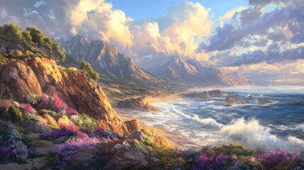 Sun-Kissed Wildflower Cliffs Overlooking a Majestic Mountain Seascape Painting