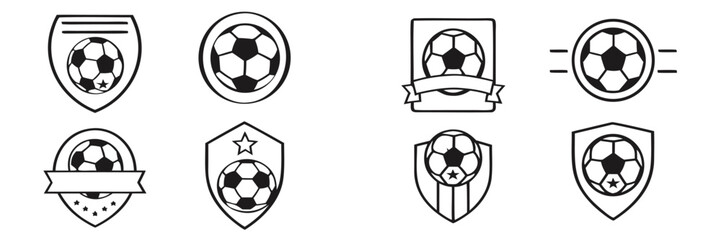 Set of soccer ball emblems and football club logo icons with shield and crest designs in a minimalist line art style  © LEAKAT