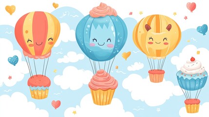 Whimsical Cupcake Hot Air Balloons with Cute Kawaii Faces Floating in a Sweet Pastel Sky