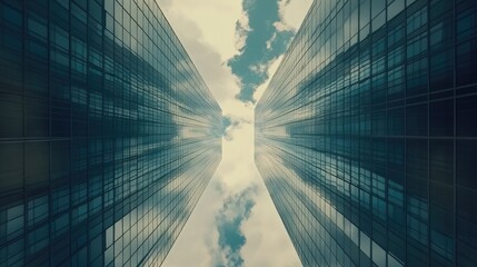 Symmetrical Glass Skyscrapers Framing Moody Sky, Low-Angle Urban Canyon View with Teal Reflections