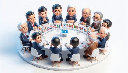 International leaders conference global arena 3d cartoon style collaborative environment aerial view diplomacy concept