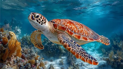Fototapeta premium Sea turtle swimming in the ocean with coral reef in the background