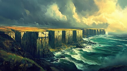 Dramatic Coastal Cliffs Under a Stormy Sky, Painterly Impression