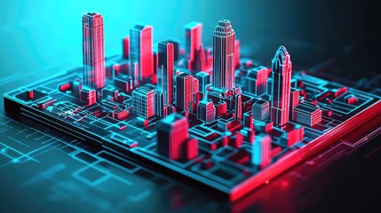 Vibrant Neon Digital Cityscape: Red and Blue Glowing Buildings on a Futuristic Grid