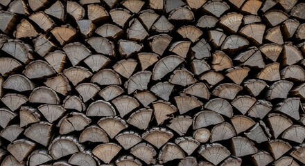 Naklejka premium A full frame, evenly stacked, outdoor woodpile of cut logs displaying rich textures and warm, earthy tones of dried timber ready for use
