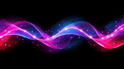 Abstract Glowing Wavy Lines with Sparkles on Black Background, Digital Art.