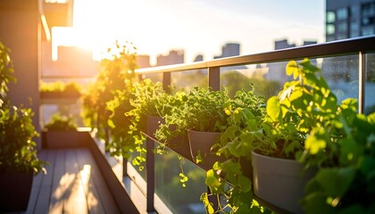 Plants in Pots on Balcony Railing at Sunset with City View