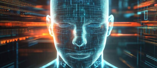 Futuristic Digital Human Head Wireframe with Glowing Orange Data Streams