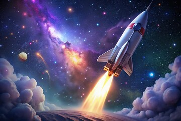 Obraz premium Rocket launching into a vibrant nebula filled with stars
