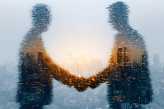 Dynamic City Partnership: Double Exposure Handshake with Glowing Urban Skyline.
