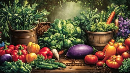 A Painterly Harvest Still Life: Vibrant Vegetables and Herbs in a Rustic, Sunlit Garden Setting.