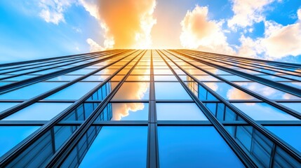 Ascending Glass: Skyscraper Facade Reflecting Golden Sunset Clouds and Azure Sky