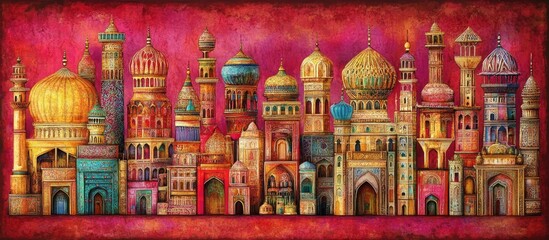 Vibrant Eastern Cityscape: Ornate Domes, Minarets, and Arches in a Rich, Textured Palette
