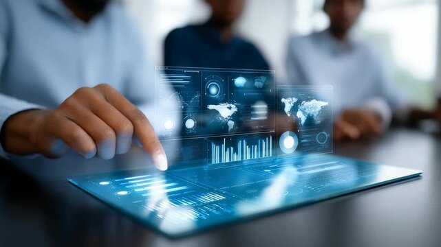 Modern business teams leverage advanced transparent displays and futuristic tablets to analyze critical data, perform market research, strategize effectively, and conduct comprehensive financial