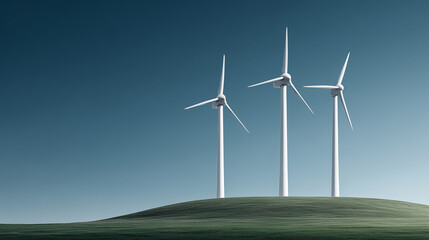 Obraz premium Three Wind Turbines on Green Hill Under Blue Sky 