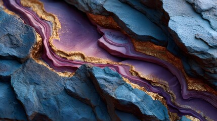 Naklejka premium Detailed ro view of a geological formation revealing layered purple and pink mineral veins with glittering gold accents set against textured blue grey rock surfaces