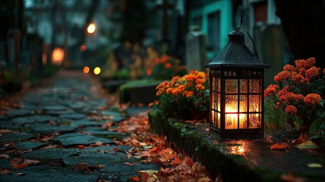 Znicz (Polish grave lantern) glowing softly by tombstone during All Saints' Day tradition