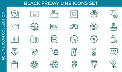 Black Friday Outline icon set. Shopping and e-commerce, cart, discount, gift, holidays sale, wallet, store. Thin outline icons pack. Vector illustration