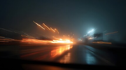 Dynamic abstract streaks of orange and white light from moving vehicles create a sense of speed and motion on a wet dark road under the night sky