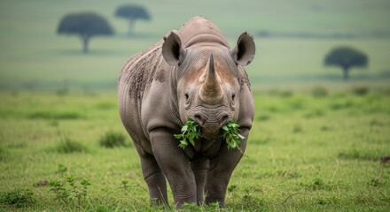 Fototapeta premium A powerful black rhinoceros grazing in a green field with acacia trees