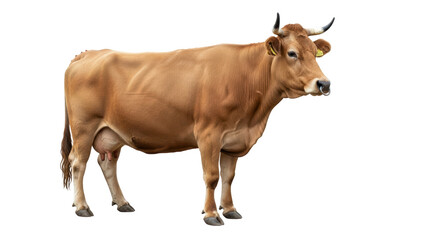 Isolated cow profile standing with horns and a nose ring in full shot on seamless field