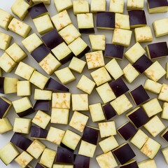 background. diced white flat on Eggplant Top with aubergine isolated or lay view,  Isolated