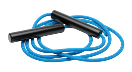 Isolated studio shot of a blue jump rope with black handles for fitness and exercise on set