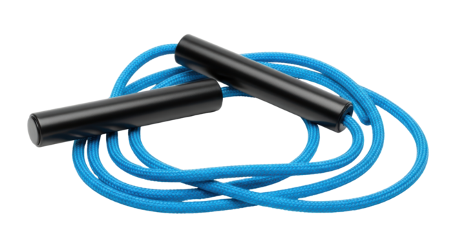 Isolated studio shot of a blue jump rope with black handles for fitness and exercise on set