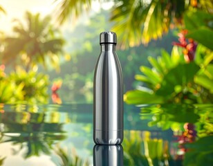 Sleek stainless steel water bottle stands ready for your adventurous tropical getaway hydration needs