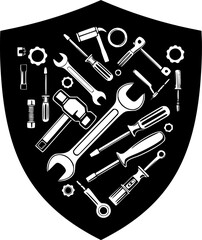 Obraz premium Shield mechanic repair service tools protection silhouette vector illustration 