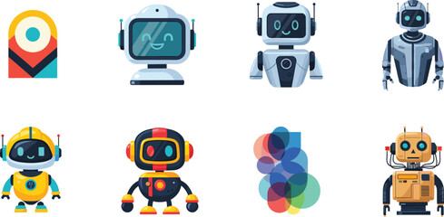 Robot character icons, humanoid bots, cartoon AI faces, abstract tech shapes, futuristic machine illustration set, vector collection for digital themes