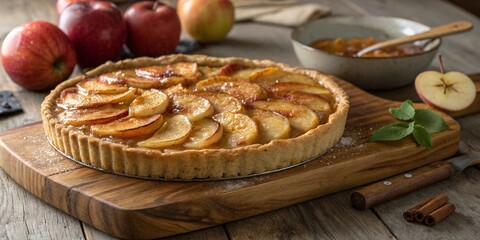 French tarte tatin: A shot of a whole upside-down apple pie with caramelized apples.