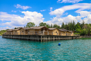 Obraz premium Museum on water, Bay of Bones, prehistoric pile-dwelling, recreation of a bronze age settlement on Lake Ohrid, North Macedonia