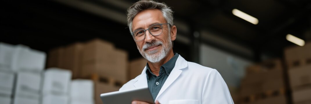 Mature caucasian male in warehouse with tablet and glasses - Powered by Adobe
