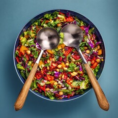 Vibrant Fresh Mixed Salad with Colorful Vegetables, Beans, Nuts in Blue Bowl, Served with Ladles