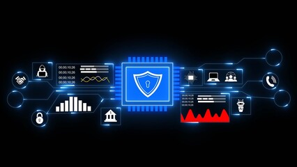 Digital security shield with data analysis and icons representing technology and finance abstract artificial