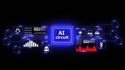 Artificial intelligence circuit with data charts and icons on black background technology
