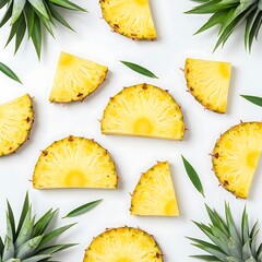 leaves with background. white pineapple pattern lay green Flat isolated on Sliced Top view.  Heap