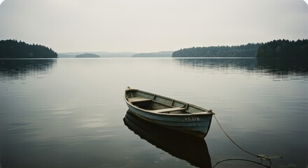 Obraz premium A tranquil lake scene, showcasing a small, weathered rowboat moored gently on the still water, with serene shores and a hazy, light-gray sky.