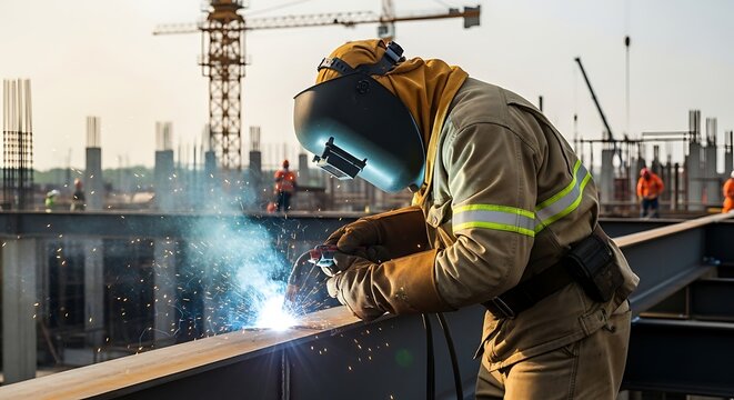 Welder at Work on Construction Site with Protective Gear.