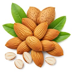 with depth view. on Top of Almonds with nuts and path lay background Flat full clipping white isolated leaves field.  Hard