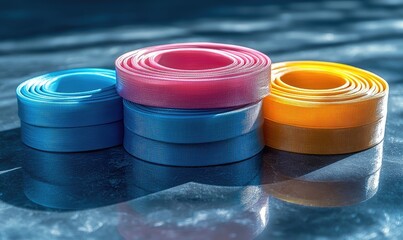 Colorful plastic rolls stacked on a dark surface