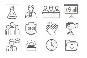 Pitch Event Icons. Line style icons of pitch event scenes: stage spotlight icon, founder with mic, investor panel icon, pitch