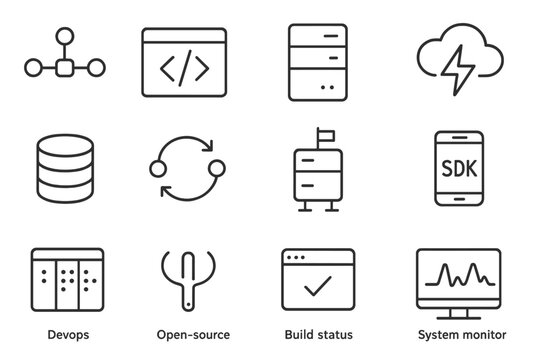 Tech Startup Icons. Line style icons of tech startup stack: API connector icon, frontend code editor, backend server icon, cloud
