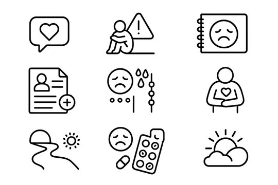 Depression Support Icons. Line style icons of depression support: support message icon, isolation alert, depression diary, therapy