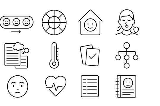 Emotional Regulation Icons. Line style icons of emotional regulation: mood scale icon, emotion wheel, safe space icon, deep