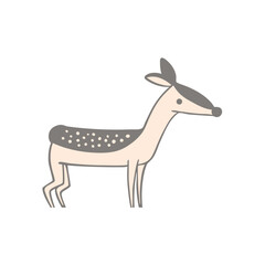 Cute cartoon illustration of a fawn with white spots on its back and a light brown body, standing elegantly on a white background, depicting a gentle and whimsical forest creature