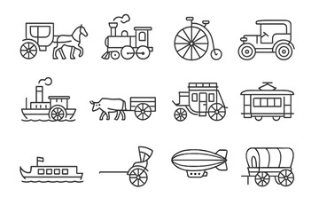Historic Transport Icons. Line style icons of historic transport: horse carriage icon, vintage train engine, penny-farthing
