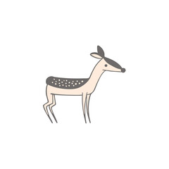 A charming hand-drawn illustration of a spotted baby deer or fawn. A cute and minimalist woodland animal character isolated on white